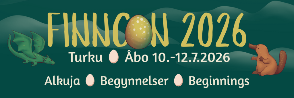 Vihreällä pohjalla oleva Turun Finnconin banneri. Ylimpänä lukee "Finncon 2026". Tekstin o-kirjaimen kohdalla on pyöreä taikamuna ja tekstin ympärillä on kaksi Finncon maskottia: vihreä lohikäärme ja ruskea vesinokkaeläin. Alapuolella lukee "Turku, Åbo, 10.-12.7.2026". Kaikista alimpana lukee tapahtuman teema kolmella eri kielellä: "Alkuja, Begynnelser, Beginnings". Banneri on tapahtuman graafikon käsialaa.